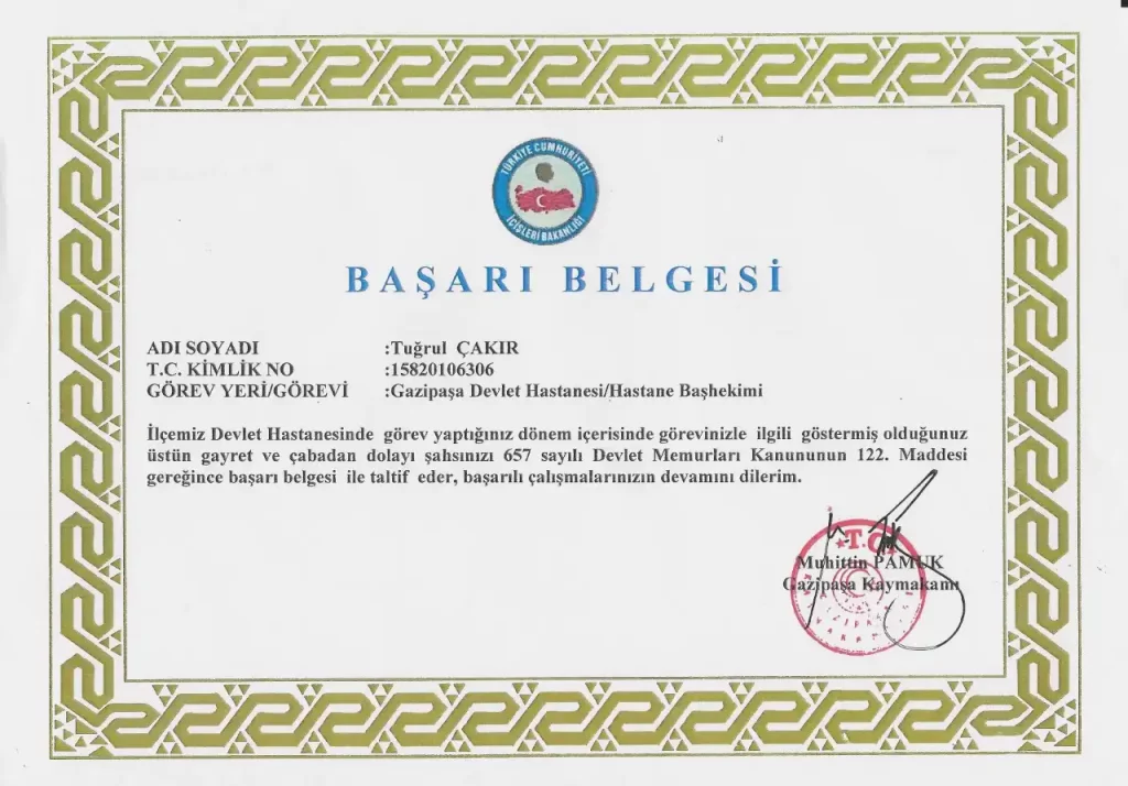 Tuğrul Çakır Başhekim Başarı Belgesi